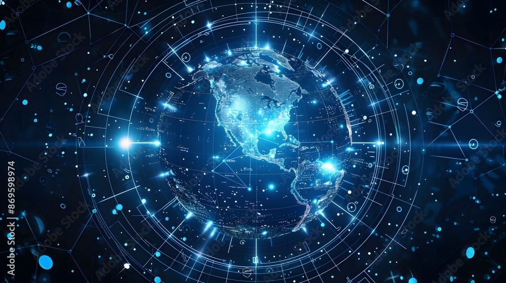 Futuristic digital globe with America at the center, depicting global information exchange and cyber technology Futuristic digital globe with America at the center, depicting global information exchange and cyber technology