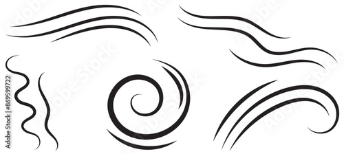Big set of line winds. Air, wind, swirl in doodle illustration style. Vector illustration on white background