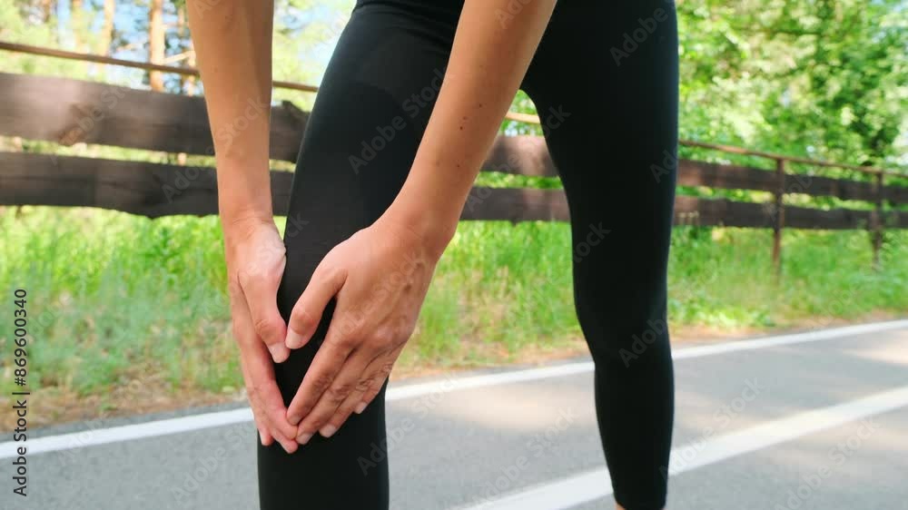 Unrecognizable slim woman in black leggings female runner jogger athlete having painful knee injury during jogging exercise in park outdoors, body condition pain ache joint ligament problem Unrecognizable slim woman in black leggings female runner jogger athlete having painful knee injury during jogging exercise in park outdoors, body condition pain ache joint ligament problem