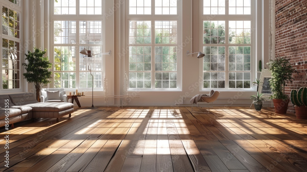 Roomy space featuring big white windows and timber floors Roomy space featuring big white windows and timber floors