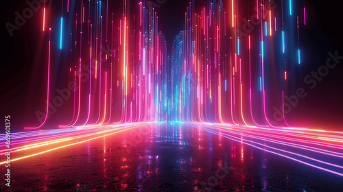3d Render Abstract Futuristic Neon Background with Glowing Blue Pink Purple Red Lines © btiger