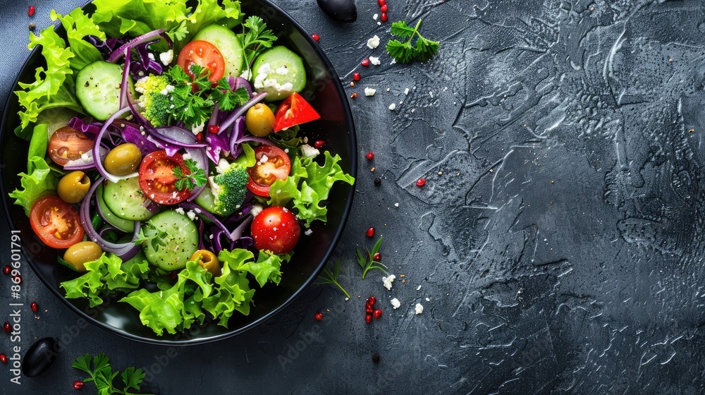Healthy food. Greek salad with cucumber, tomato, sweet pepper, lettuce, red onion, feta cheese and olives. Top view, banner Healthy food. Greek salad with cucumber, tomato, sweet pepper, lettuce, red onion, feta cheese and olives. Top view, banner