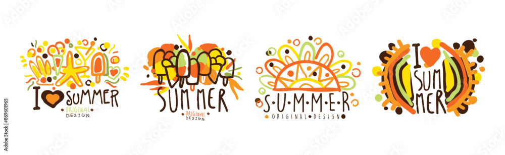 Fototapeta premium Summer Label and Original Design Bright Logo Vector Set