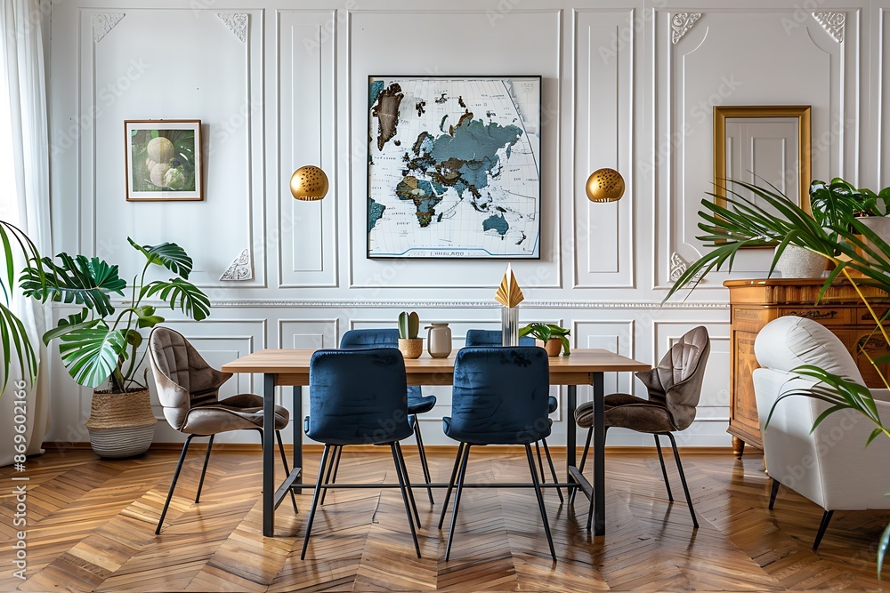 Stylish and eclectic dining room interior with mock up poster map ...
