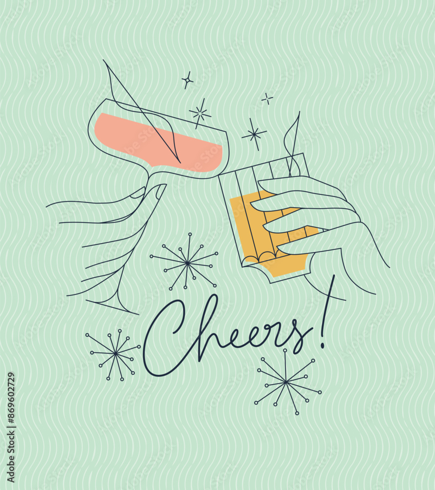 Poster clinking glasses with lettering cheers drawing with color on green background