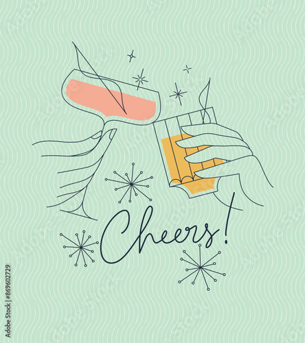 Obraz na płótnie Poster clinking glasses with lettering cheers drawing with color on green background w salonie