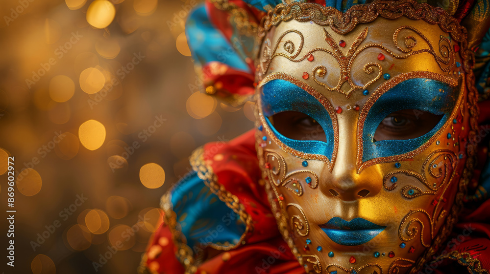 Close-up of a gold and blue ornate carnival mask, bokeh background Close-up of a gold and blue ornate carnival mask, bokeh background