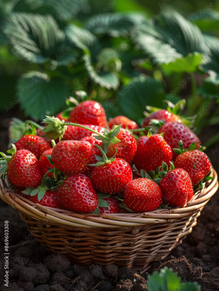 A basket of fresh strawberries in a garden setting. A basket of fresh strawberries in a garden setting.