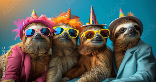 Happy sloths photo in colorful party glasses on blue background, funky wild outfits, bright advertisement, birthday party invite banner, creative animal concept, sloths in colorful outfits