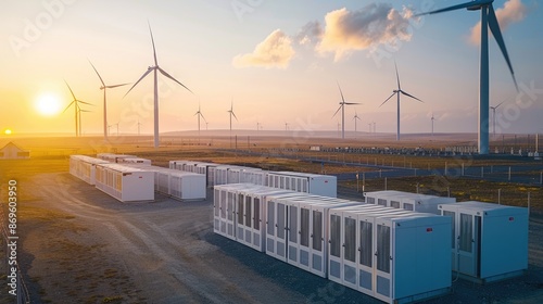 Sunset view of a wind farm with multiple wind turbines and energy storage units in a renewable energy facility.