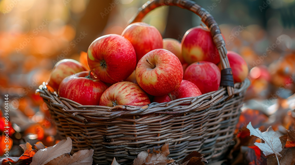 Wicker basket filled with red apples among autumn leaves. Wicker basket filled with red apples among autumn leaves.