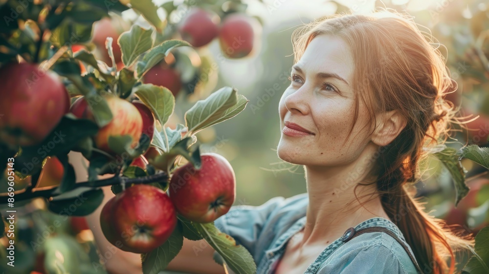 Caucasian woman picking apples from tree in orchard