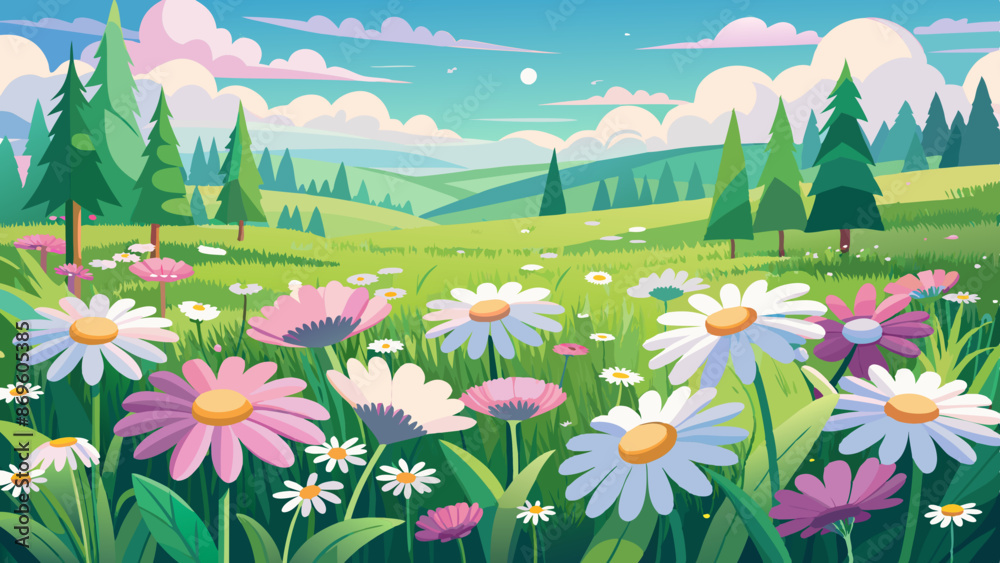Fototapeta premium Meadow with many white and pink spring daisy flowers on a sunny day. Nature landscape vector illustration