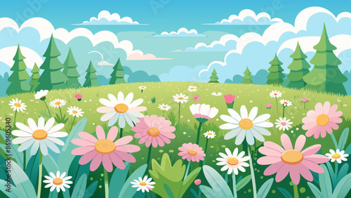 Meadow with many white and pink spring daisy flowers on a sunny day. Nature landscape vector illustration