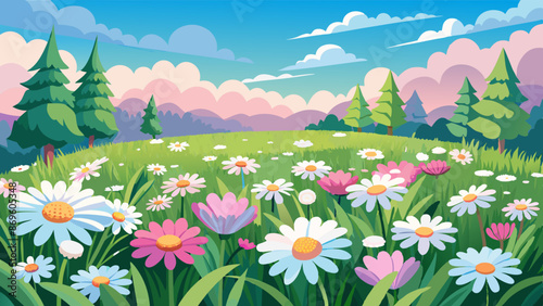 Meadow with many white and pink spring daisy flowers on a sunny day. Nature landscape vector illustration