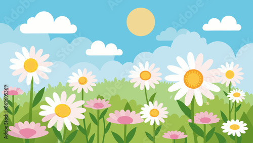 Meadow with many white and pink spring daisy flowers on a sunny day. Nature landscape vector illustration