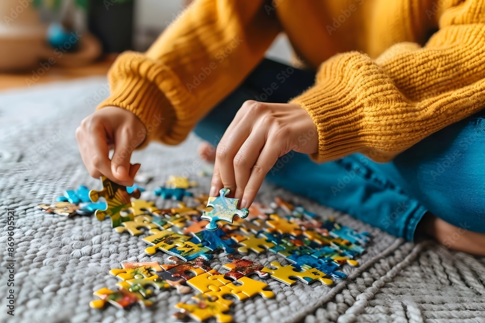 Woman Completing a Colorful Jigsaw Puzzle Woman Completing a Colorful Jigsaw Puzzle