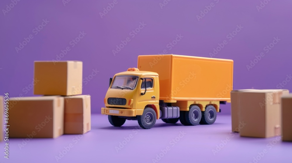 A yellow toy delivery truck next to cardboard boxes, on a purple background, concept of logistics and moving A yellow toy delivery truck next to cardboard boxes, on a purple background, concept of logistics and moving