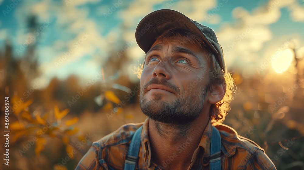Obraz premium Young Man Gazing Upwards at Sunset in a Field