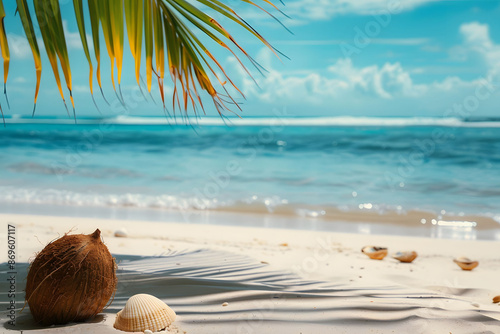 Beach Sea Bliss: Pristine Coastal Scenes with Palm, Coconut, and Shell Details with space for message. Tropical Paradise: Serene Sea Beaches with Expansive Empty Space and Sea Elements.