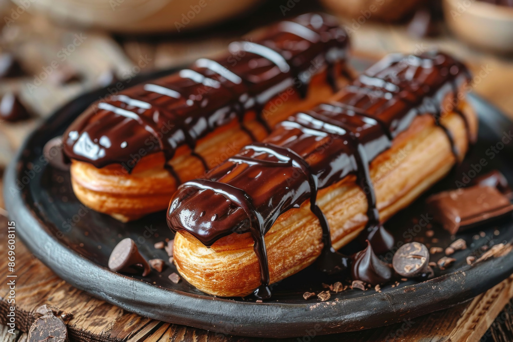 Two Delicious Chocolate Eclairs on a Plate Two Delicious Chocolate Eclairs on a Plate