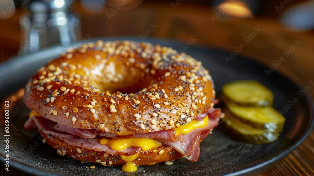 Bagel with Ham and Cheese: A bagel sandwich with layers of ham, cheddar cheese, and various toppings. Served a dark plate. Bagel with Ham and Cheese: A bagel sandwich with layers of ham, cheddar cheese, and various toppings. Served a dark plate.