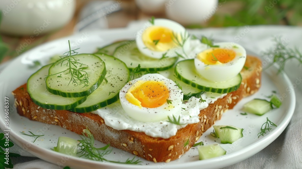 Delicious toast with pate boiled egg, cucumber and cream cheese on a white plate. Healthy eating, breakfast. Keto diet food. Tasty food. Delicious toast with pate boiled egg, cucumber and cream cheese on a white plate. Healthy eating, breakfast. Keto diet food. Tasty food.