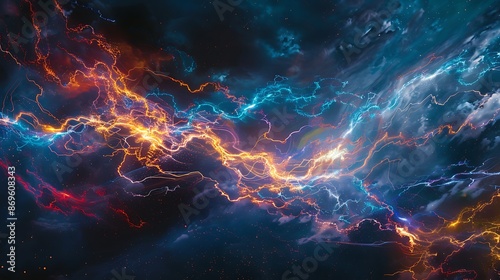 Energetic pulses of electric currents illustrated through luminous lines intertwining and radiating amidst the cosmic wonders of the universe.