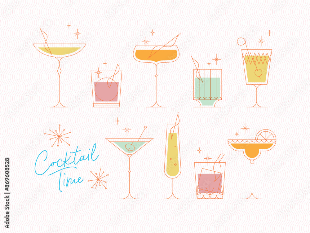 Cocktails time set with glasses drawing in retro style on light background