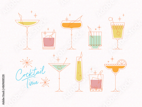 Obraz na płótnie Cocktails time set with glasses drawing in retro style on light background w salonie