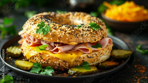 Bagel with Ham and Cheese: A bagel sandwich with layers of ham, cheddar cheese, and various toppings. Served a dark plate.  © steve