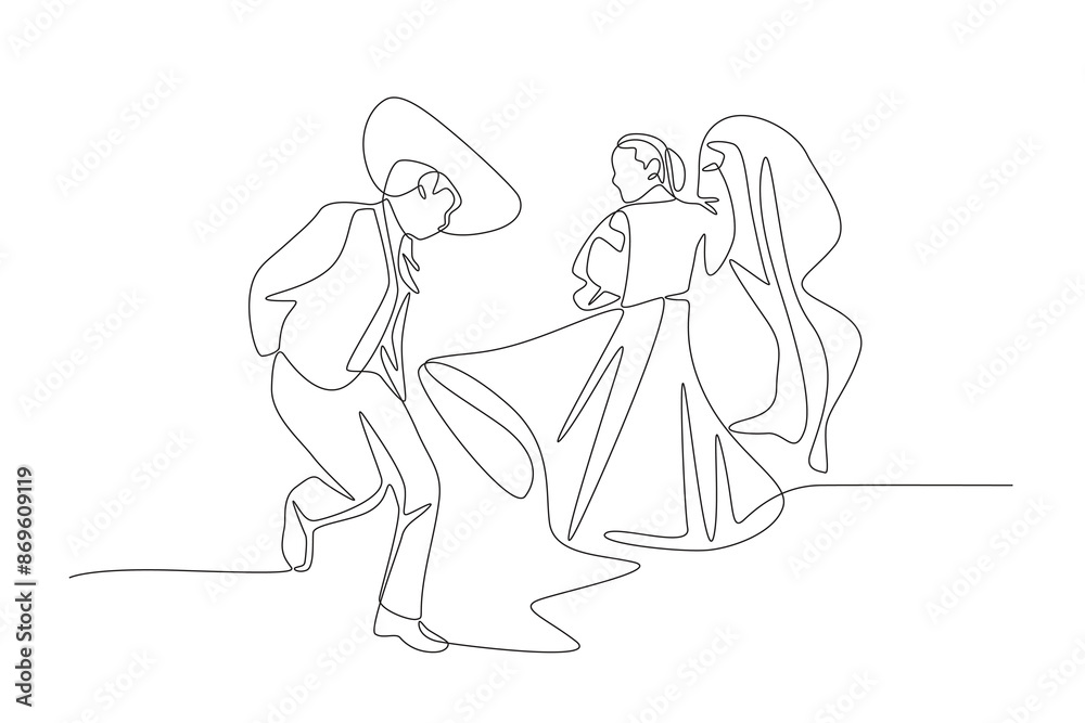 Couple dancing traditional mexican dance. Mexican culture concept one-line drawing Couple dancing traditional mexican dance. Mexican culture concept one-line drawing