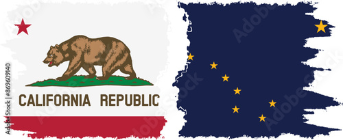 Alaska and California states grunge brush flags connection, vector