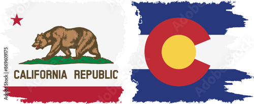 Colorado and California states grunge brush flags connection, vector