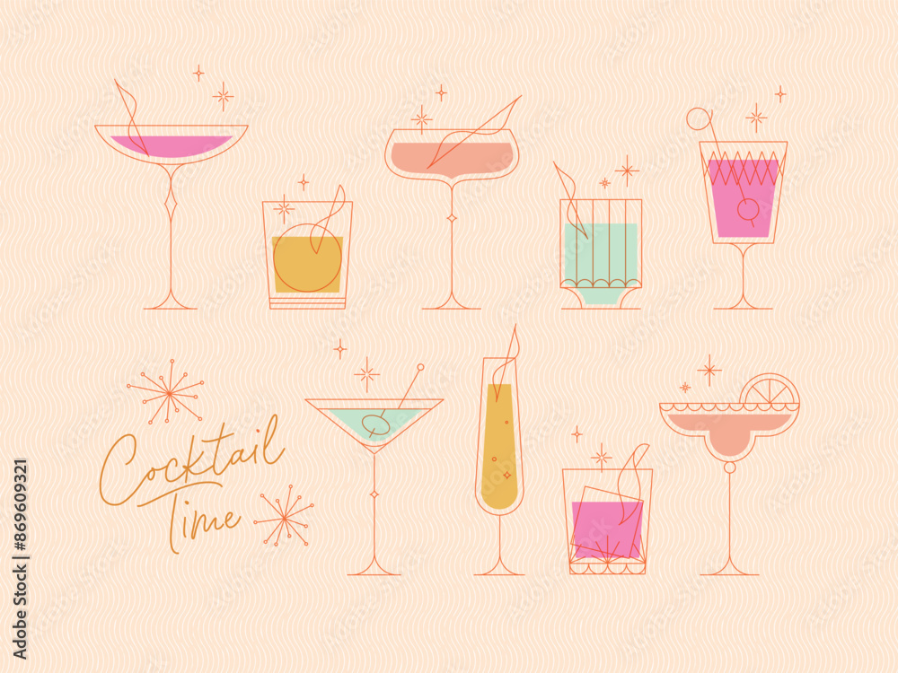 Cocktails time set with glasses drawing in retro style on beige background