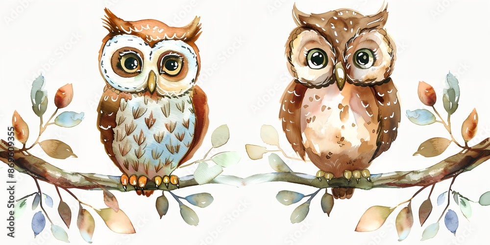 Fototapeta premium Owls are shown in a row, each with a different color, watercolor illustration on white background