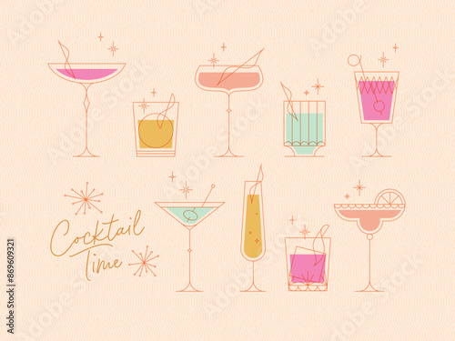 Obraz na płótnie Cocktails time set with glasses drawing in retro style on beige background w salonie