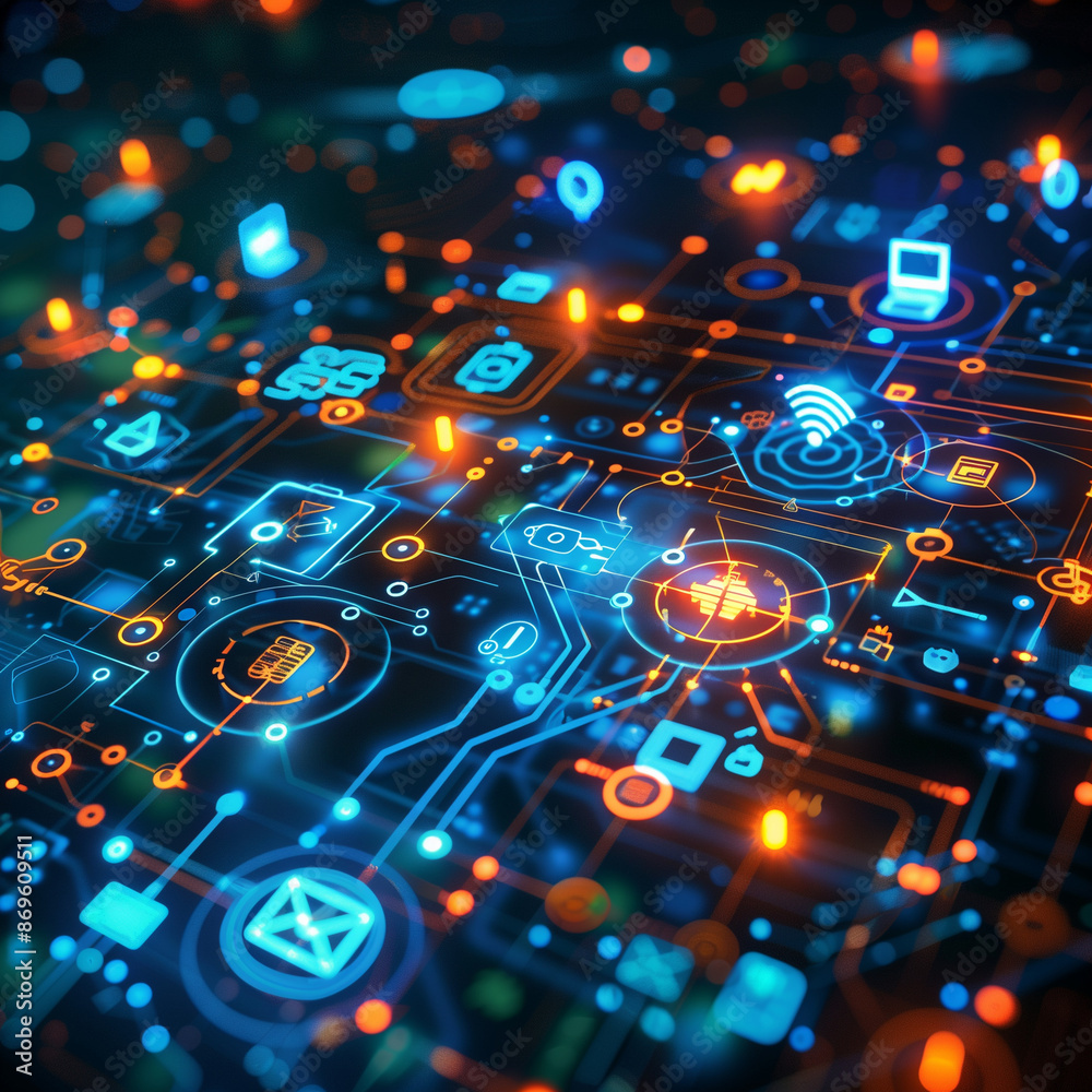 Obraz premium A colorful image of a computer network with many icons and symbols. Concept of a complex and interconnected system, with each icon representing a different aspect of technology or communication