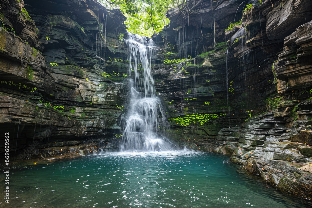 Naklejka premium The photo shows waterfall in the middle of the forest