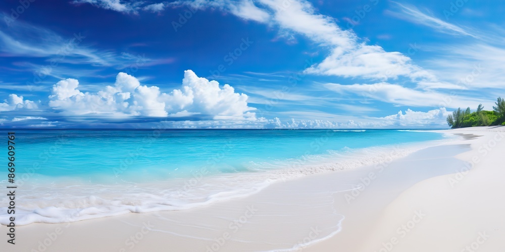 Fototapeta premium Beautiful sandy beach with sea ocean landscape background. Tropical exotic vacation relaxing scene view