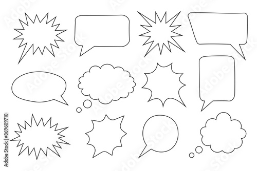Black and white collection of hand drawn speech bubbles doodle set of design elements. Vector illustration.