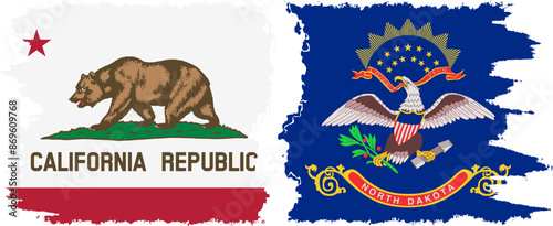 North Dakota and California states grunge brush flags connection vector