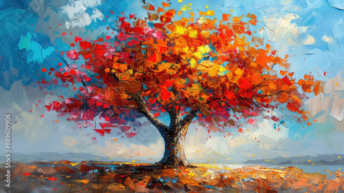 Fototapeta Naklejka Na Ścianę i Meble -  Elegant colorful tree with vibrant leaves hanging branches illustration background. Bright color 3d abstraction wallpaper for interior mural painting wall art decor. Ai	