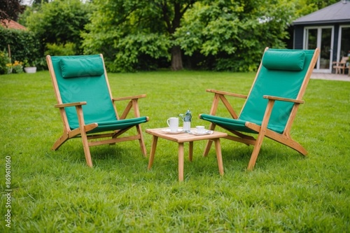 Two summer chairs on green grass lawn on backyard © ThomasLENNE