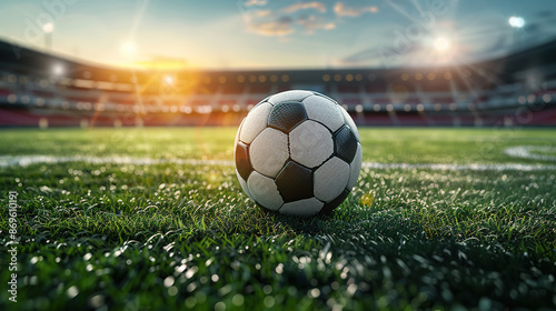 A football ball placed on the lawn under the background of football field lighting