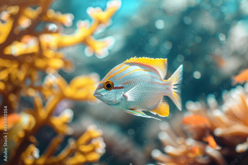 A fish is swimming in a tank with a yellow and orange coral A fish is swimming in a tank with a yellow and orange coral