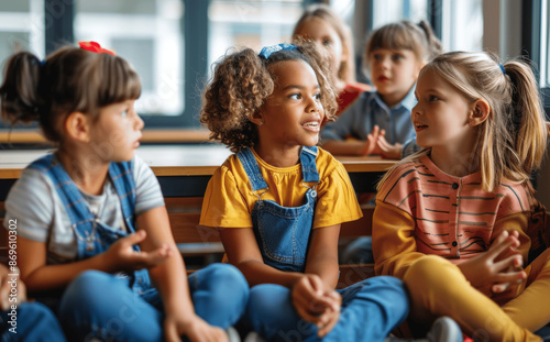 Multiracial School Children Discussing Project and Pointing, Negotiating, and Talking in Classroom for Teamwork and Learning