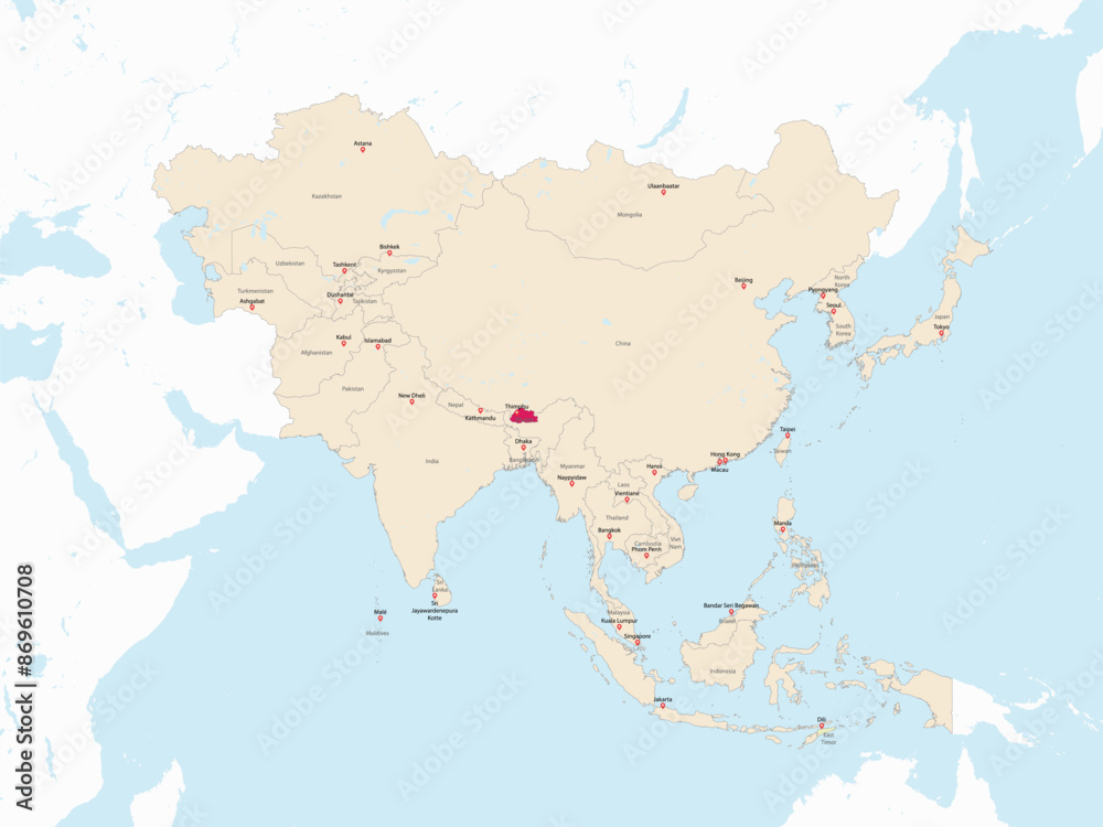 Obraz premium Highlighted red map of BHUTAN inside light red detailed political map of Asia using orthographic projection on white and blue background