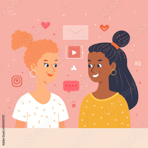 Two women are smiling at each other. One of them is wearing a yellow shirt. There are many icons on the background, including a heart, a camera, and a phone