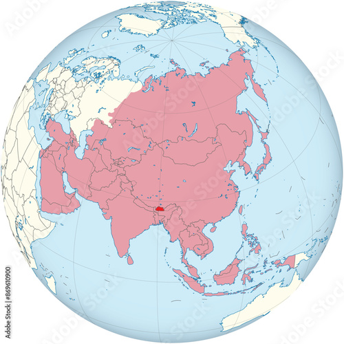 Highlighted red map of BHUTAN inside red detailed blank political map of Asia using orthographic projection of the Globe